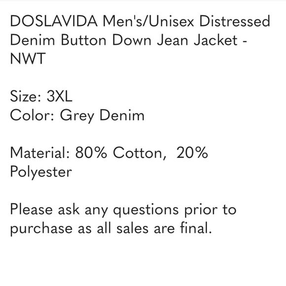 DOSLAVIDA Men's/Unisex Distressed Denim Button Down Jean Jacket - NWT - Picture 7 of 7